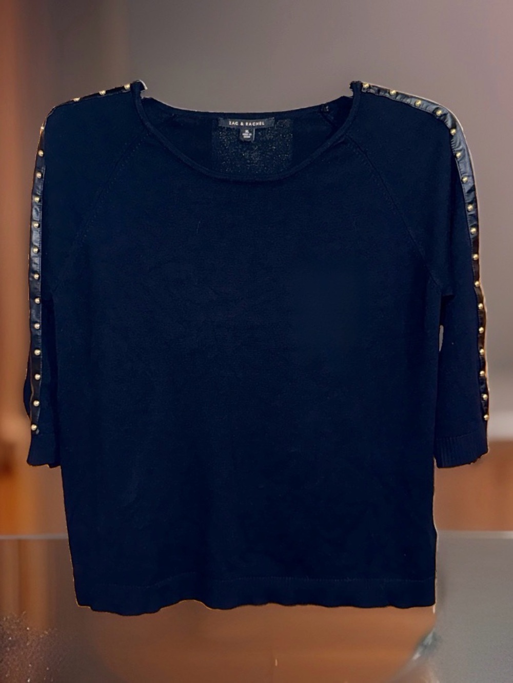 Zac & Rachel Black Knit Top with Studded Shoulder/Sleeve Trim-XL-EC